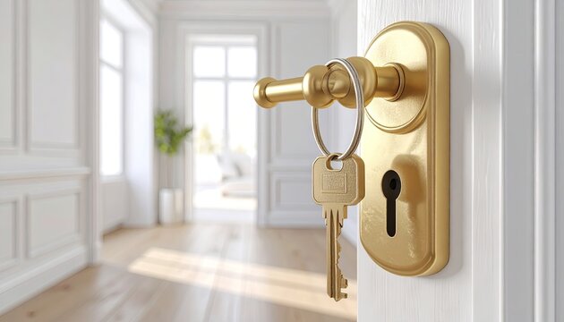 Golden door handle with key, inviting interior