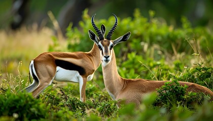 Two graceful gazelle, showcasing their rich brown coats and distinctive black stripes, stand amidst vibrant green foliage in a natural setting.