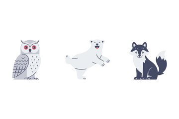 Minimal arctic animal icons set, owl polar bear fox silhouettes, simple flat vector illustrations, winter wildlife emblem collection