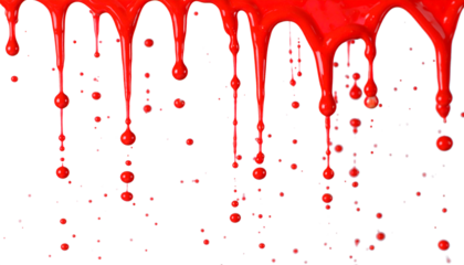 Imagen hiperrealista de un fondo transparente, con pintura roja cayendo desde la parte superior. La pintura se desliza en gotas y chorros, creando salpicaduras y efectos de fluido realistas