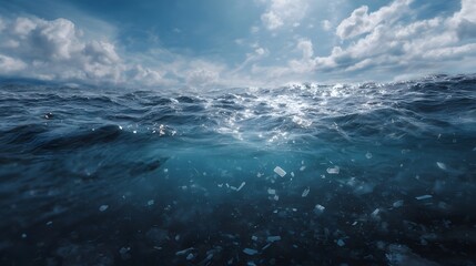 Plastic debris lit by sunlight floats extensively beneath the ocean surface highlighting the significant problem of marine pollution and