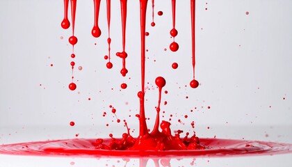 Imagen hiperrealista de un fondo completamente blanco, con pintura roja cayendo desde la parte superior. La pintura se desliza en gotas y chorros, creando salpicaduras y efectos de fluido realistas