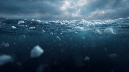 Dramatic split level view of ice chunks floating on and below the deep blue ocean surface under a stormy sky conveying a sense of cold and mystery