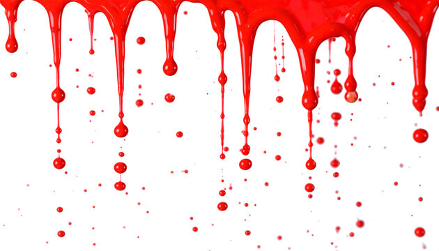 Imagen hiperrealista de un fondo transparente, con pintura roja cayendo desde la parte superior. La pintura se desliza en gotas y chorros, creando salpicaduras y efectos de fluido realistas