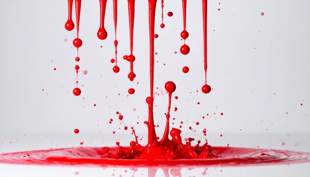Imagen hiperrealista de un fondo completamente blanco, con pintura roja cayendo desde la parte superior. La pintura se desliza en gotas y chorros, creando salpicaduras y efectos de fluido realistas