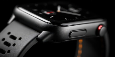 Close-up of a modern smart watch with a sleek black design and rubber strap