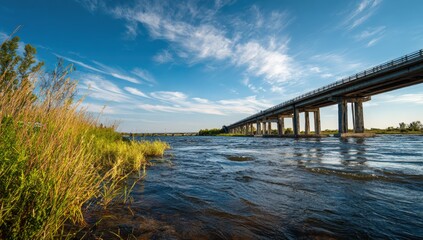River and Highway Bridge under a Summer Sky