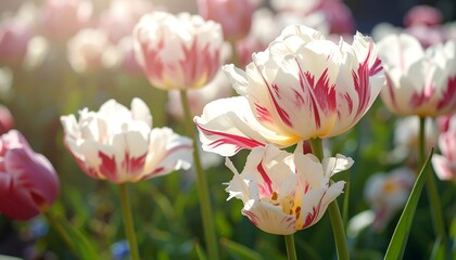 Vibrant white and red tulips, adorned with striking patterns, fill a sunlit garden bed.