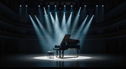 Grand piano spotlight on stage