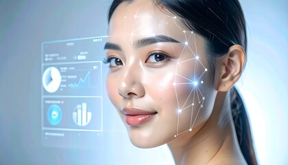 AI-powered beauty technology analyzing a woman's facial data with a futuristic holographic interface
