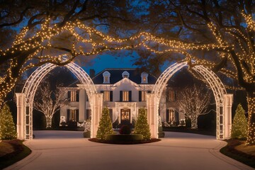 Magnificent Holiday Lighting Display at a Grand Mansion Entrance