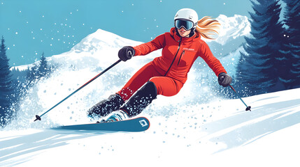 Dynamic skiing adventure with confident woman on snowy mountain