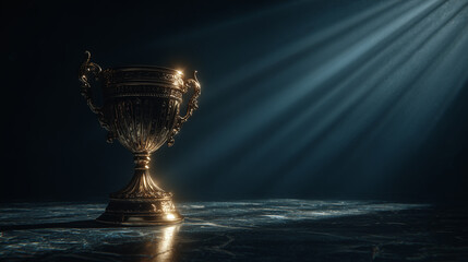 Golden trophy standing tall under vibrant spotlight, showcasing victory, excellence, and recognition. Perfect representation of success in competitions, awards ceremonies, and team accomplishments.