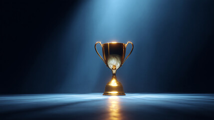 Golden trophy standing tall under vibrant spotlight, showcasing victory, excellence, and recognition. Perfect representation of success in competitions, awards ceremonies, and team accomplishments.