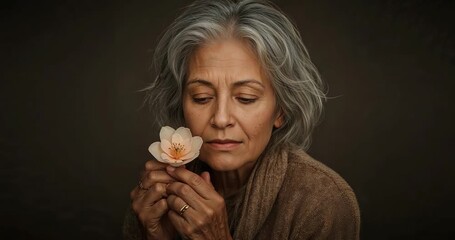 Entering senior woman in brown cardigan holding pale blossom in dark backdrop, reflecting quietly - Powered by Adobe