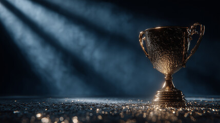 Golden trophy standing tall under vibrant spotlight, showcasing victory, excellence, and recognition. Perfect representation of success in competitions, awards ceremonies, and team accomplishments.