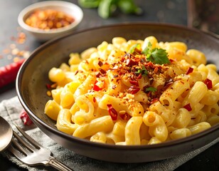 A rich dish of creamy pasta with a vibrant topping of red chili flakes and fresh herbs, served in a dark bowl.