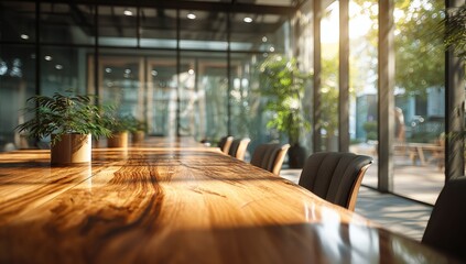 Long wooden conference table in a bright modern office space