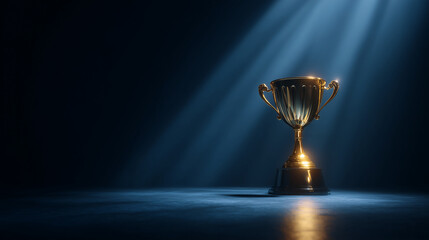 Golden trophy standing tall under vibrant spotlight, showcasing victory, excellence, and recognition. Perfect representation of success in competitions, awards ceremonies, and team accomplishments.
