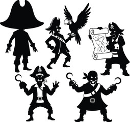 Black pirate silhouettes with large hat, parrot, treasure map, hooks for hands, bandana, classic pirate poses and expressions.