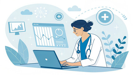 A doctor working on a laptop with medical data displayed on screens in a bright and clean environment
