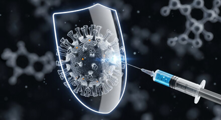 Virus cell blocked by a transparent shield with syringe on side.