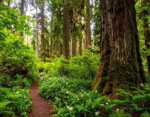 Lush forest path in springtime