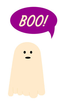 Cute ghost saying BOO speech bubble illustration, Halloween character design, spooky cartoon mascot, Perfect for festive designs, posters for October, trick treat, holiday decoration. High res PNG
