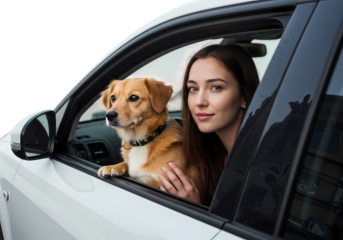 Young Woman and Dog in Car Window: Road Trip Companionship