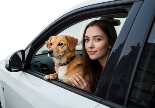 Young Woman and Dog in Car Window: Road Trip Companionship - Powered by Adobe