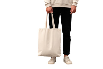 Person holding a blank canvas tote bag (1)