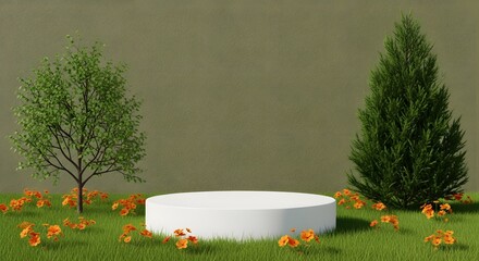Elegant White Podium in Lush Spring Garden Scene (AI Generated)