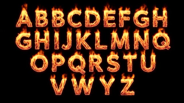 The entire alphabet is rendered in burning, fiery text against a black background.