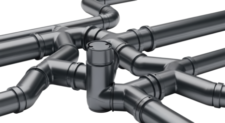 Deep charcoal grey industrial conduits with precise bends and modular junctions, smooth matte metallic, interconnected on transparent background, bright studio light, concept of industrial