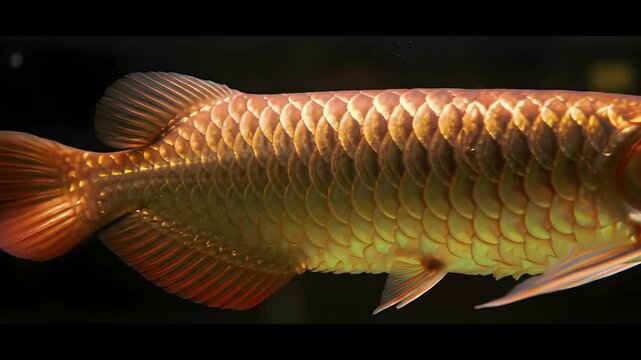 Golden arowana swims gracefully in dark water, glistening scales create mesmerizing aquatic dance, perfect for nature documentaries