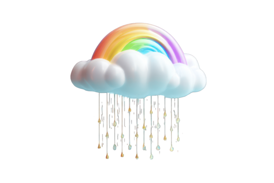 A colorful 3D rainbow in a cloud with rain drops