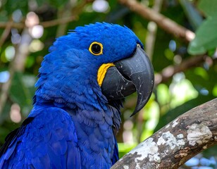 Close-up view of a vibrant blue macaw, showcasing intricate plumage and a striking yellow face.