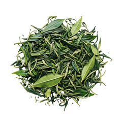 Fototapeta premium Isolated Green Tea Leaves on Transparent Background Top View of Organic Dried Herbal Ingredients
