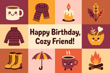 Birthday greeting card festive illustration, cozy celebration vector set, cheerful party decoration design, colorful seasonal art, fun holiday graphics