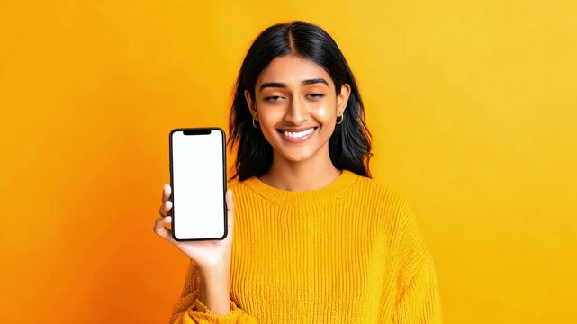 Young Indian woman holding smartphone with blank screen in hand on yellow studio background. Smiling woman showing phone with white screen