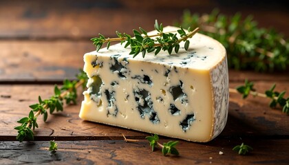 Close-up of a wedge of blue cheese with fresh thyme sprigs on a rustic wooden surface.