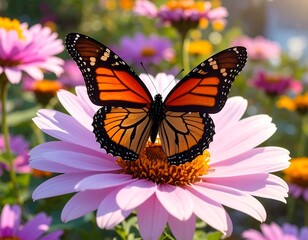 Naklejka premium A monarch butterfly rests gracefully on a vibrant pink flower, surrounded by a garden of other blossoms.