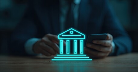 Businessperson interacting with a glowing, stylized bank building icon on a smartphone
