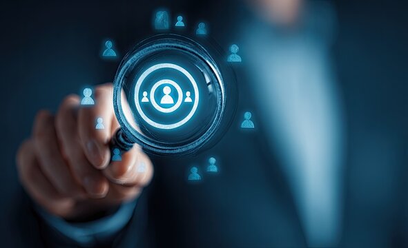 Person icon magnified by hand-held magnifying glass, surrounded by small person icons