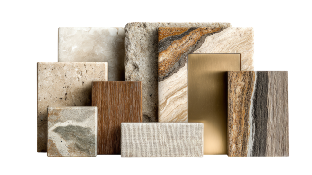 Collection of various stone and wood-look countertop samples.  Different shades of beige, brown, gold, and gray materials.  Rectangular slabs displayed in overlapping stacks