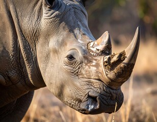 Close-up view of a white rhinoceros's textured head and impressive horn, showcasing the animal's formidable presence in its natural habitat.