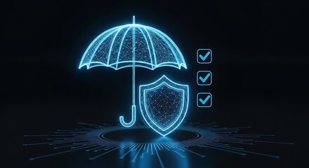 Digital blue neon umbrella shield and checkmarks representing security and protection
