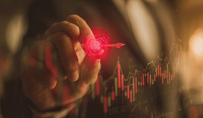 Close-up of hand aiming arrow at target on financial chart