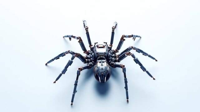 Shiny mechanical spider suitable for technology concepts, robotics, and scifi designs. Creepy and futuristic feel for posters, website banners, and presentations.