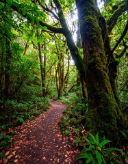 Lush forest path winding through tall trees